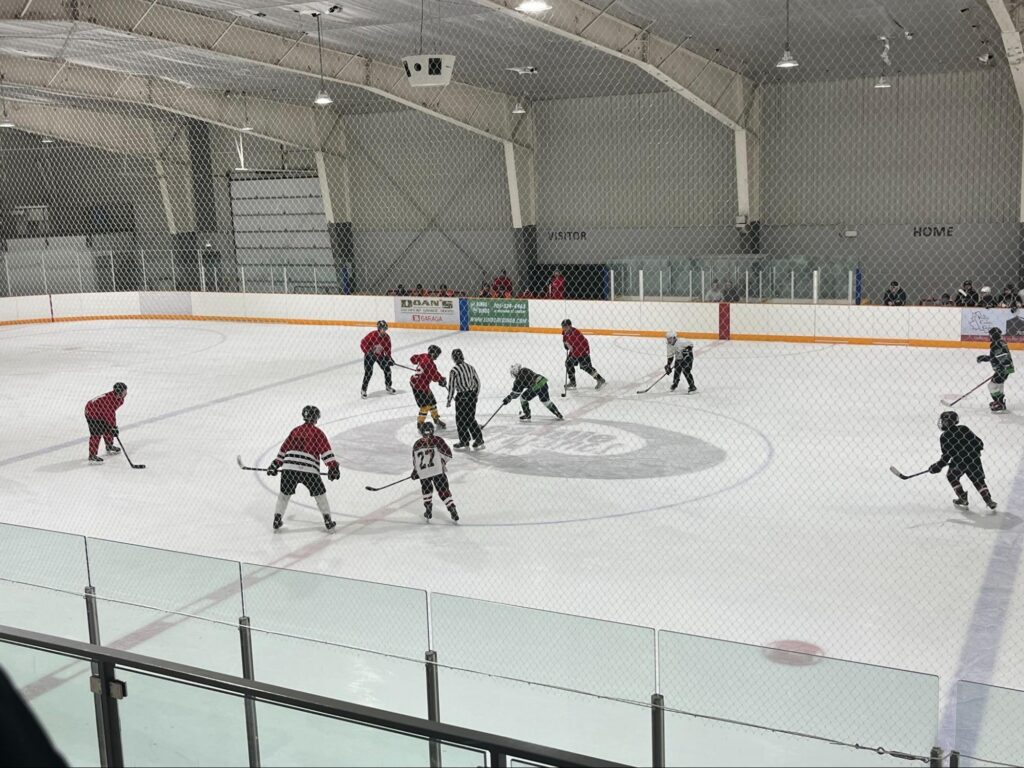 Woodsville Elementary School competes against local emergency services in a friendly game of hockey