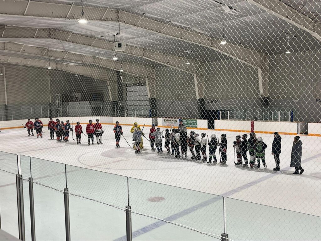 Woodsville Elementary School competes against local emergency services in a friendly game of hockey